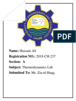 Name: Hussain Ali Registration NO.: 2018-CH-237 Section: A Subject: Thermodynamics Lab Submitted To: Mr. Zia-ul-Haqq