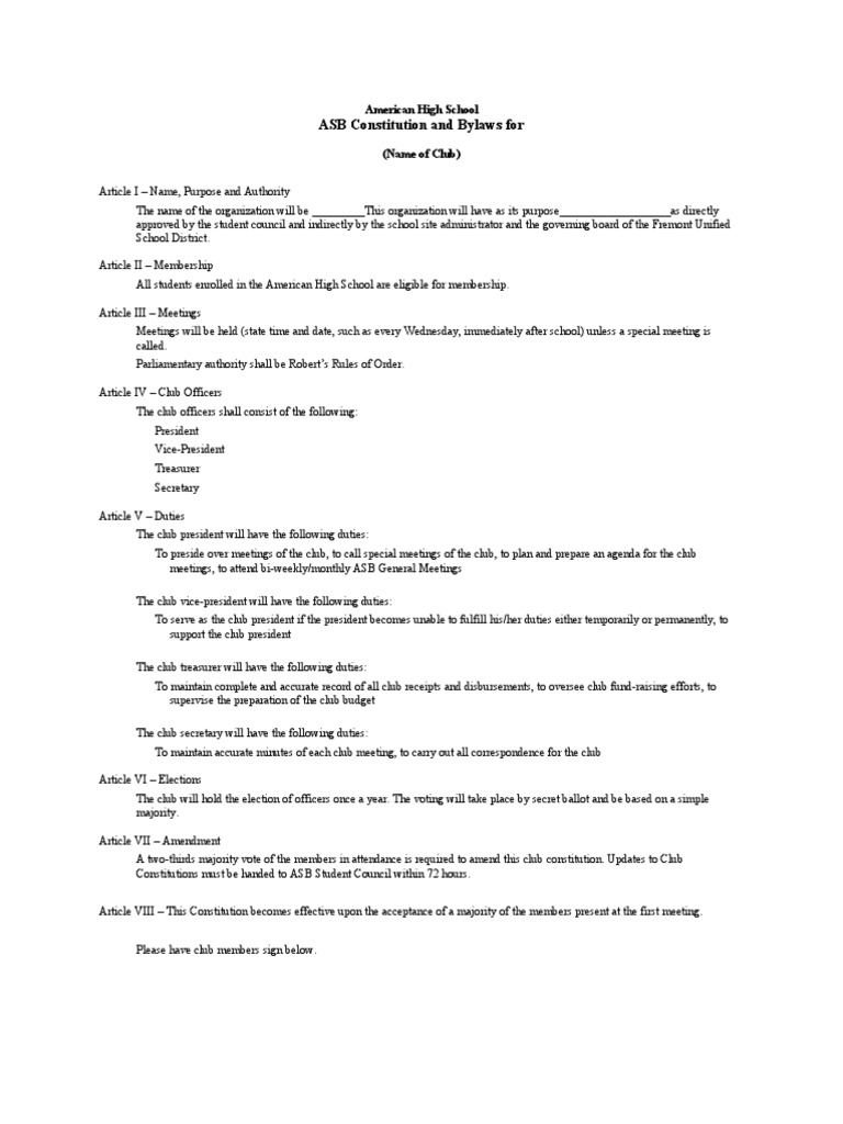 High School Club Constitution Template | PDF | Parliamentary Procedure ...