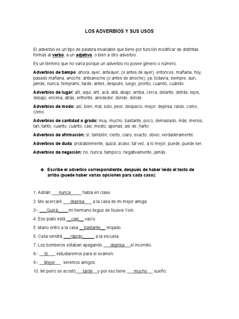 Los Adverbios y Sus Usos | PDF | Adverbio | Gramática
