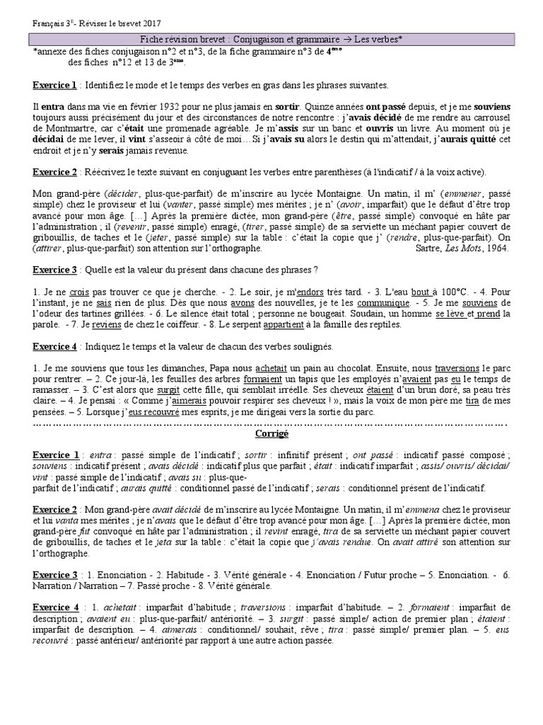 Fiche De Révision Brevet Conjugaison Pdf Fiche Révision Sur Les Verbes - PDF 5315 | PDF | Verbe | Mécanique du  langage
