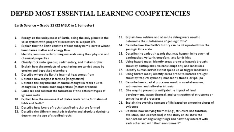 DepED MELC Earth Science | PDF | Rock (Geology) | Geology