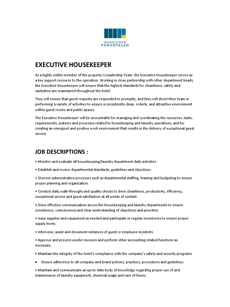 Executive Housekeeper Job Desc1 PDF Leadership Economies