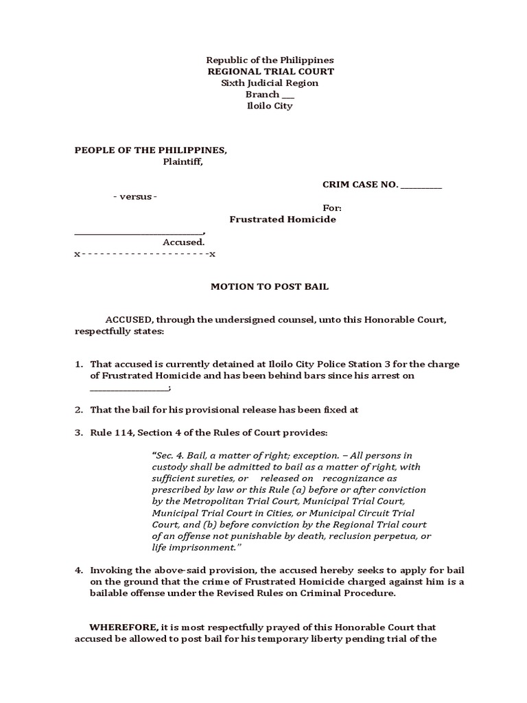 Motion to Post Bail for Frustrated Homicide | PDF | Bail | Prosecutor