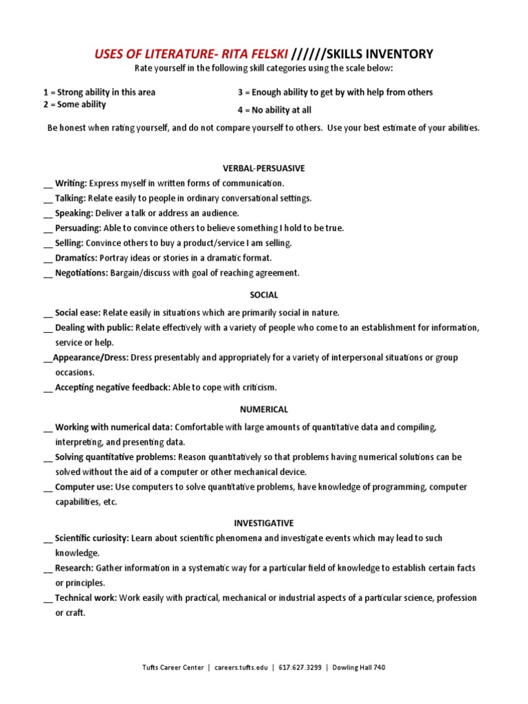 Uses of LiteratureRita Felski //////skills Inventory PDF Idea Data