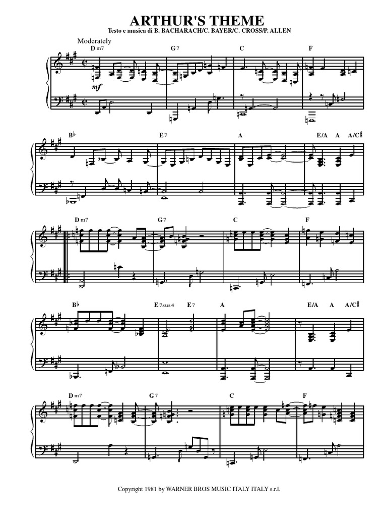 Arthur's Theme - Burt Bacharach - Piano PDF | PDF