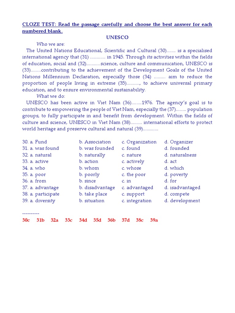 UNESCO Cloze Test Instructions | PDF | Unesco | Trees