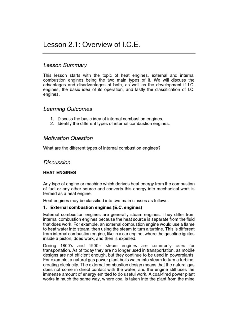 Lesson 2.1 Overview of I.C.E. | PDF | Internal Combustion Engine | Engines