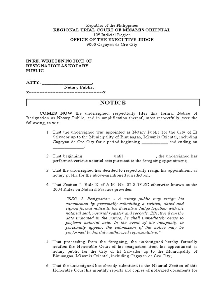 Formal Notice of Notary Resignation | PDF | Notary Public | Public Sphere