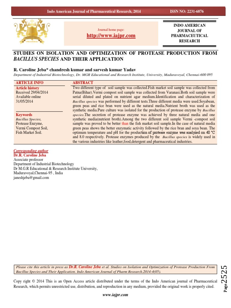 Isolation and Optimization of Protease Production From Bacillus SP and ...