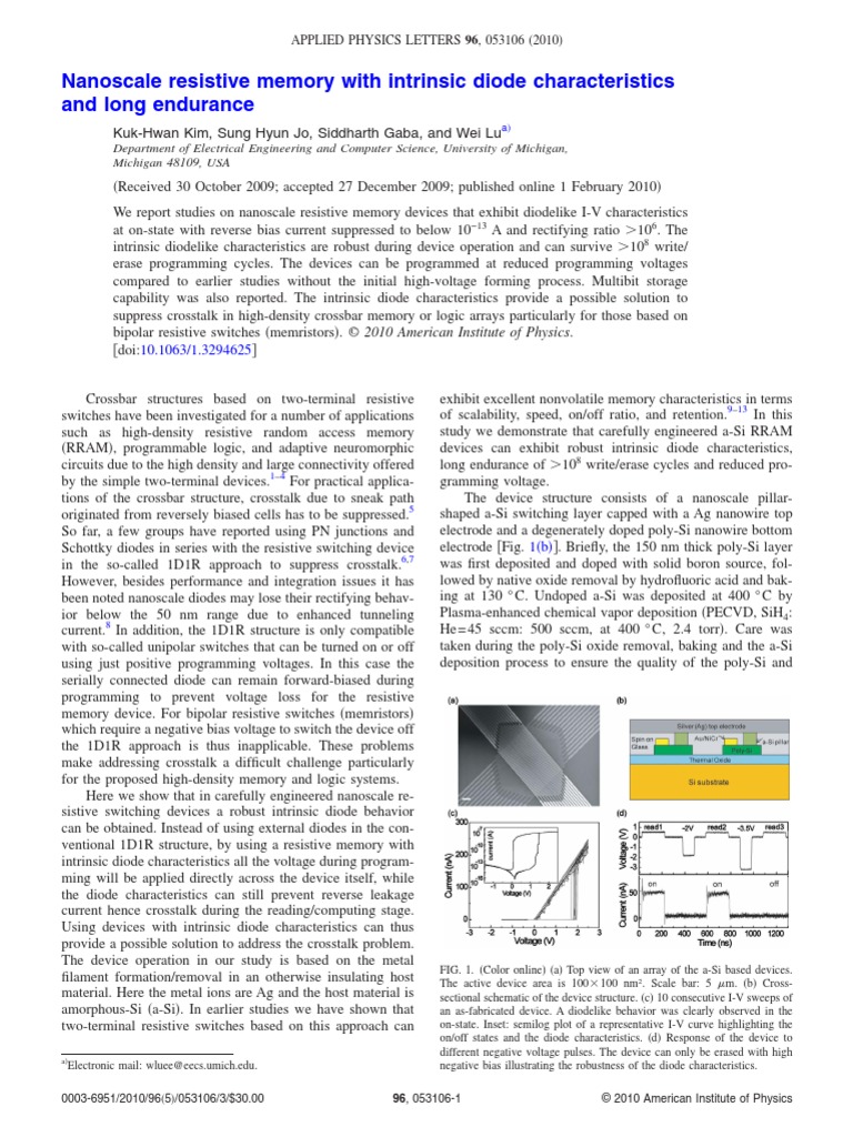 Nanoscale Resistive Memory With Intrinsic Diode CH | PDF | Diode ...