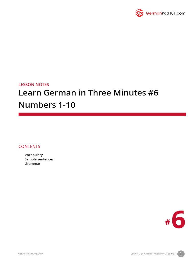 Learn German in Three Minutes #6 Numbers 1-10: Lesson Notes | PDF