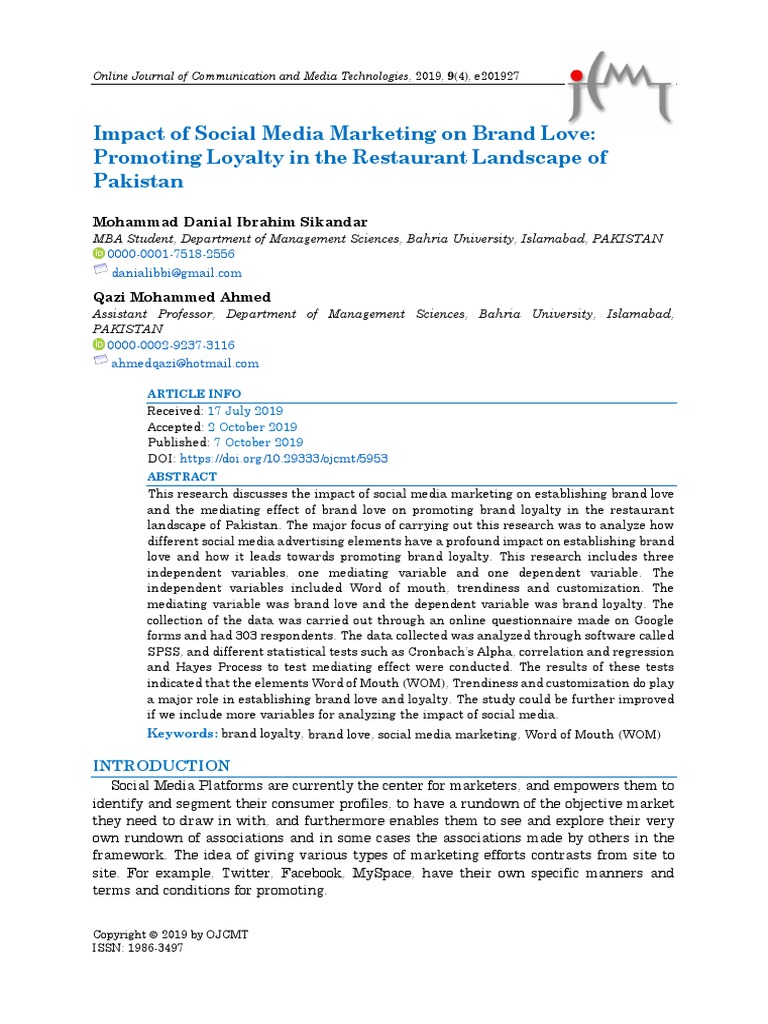 Impact of Social Media Marketing On Brand Love Promoting Loyalty in The ...