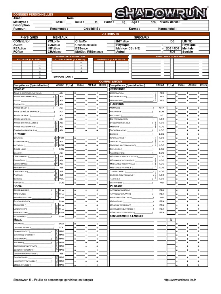 Fiche Personnage SR5 FR Modifiable | PDF | Armement | Informatique et  technologies de l'information, image size:768x1024