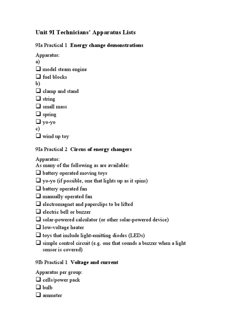 Unit 9I Technicians' Apparatus Lists | PDF