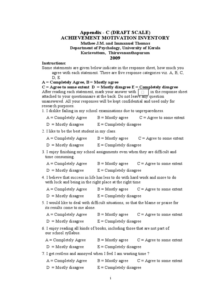 Achievement Motivation Inventory Scale | PDF | Motivation | Motivational