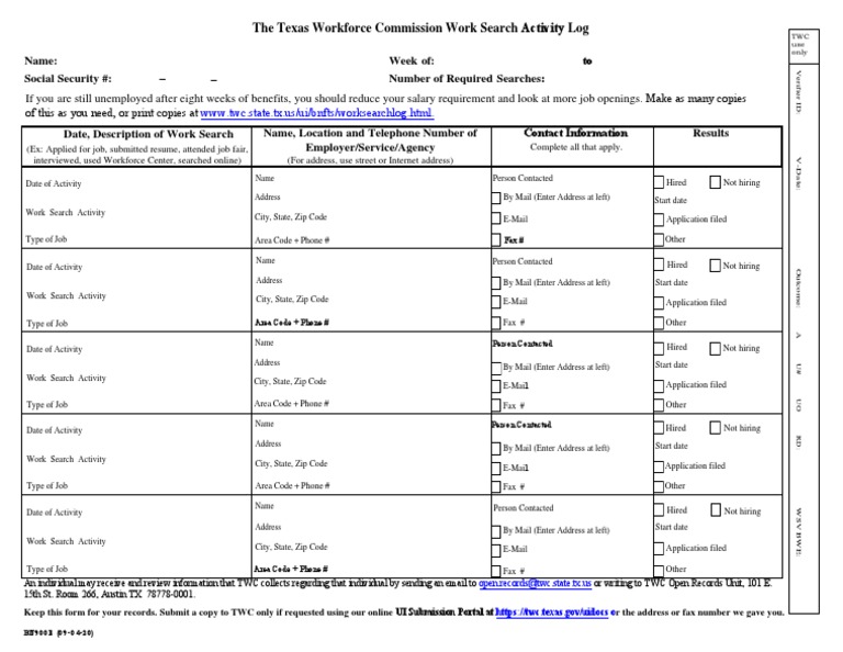 Work Search Log Twc Pdf Fax Mail