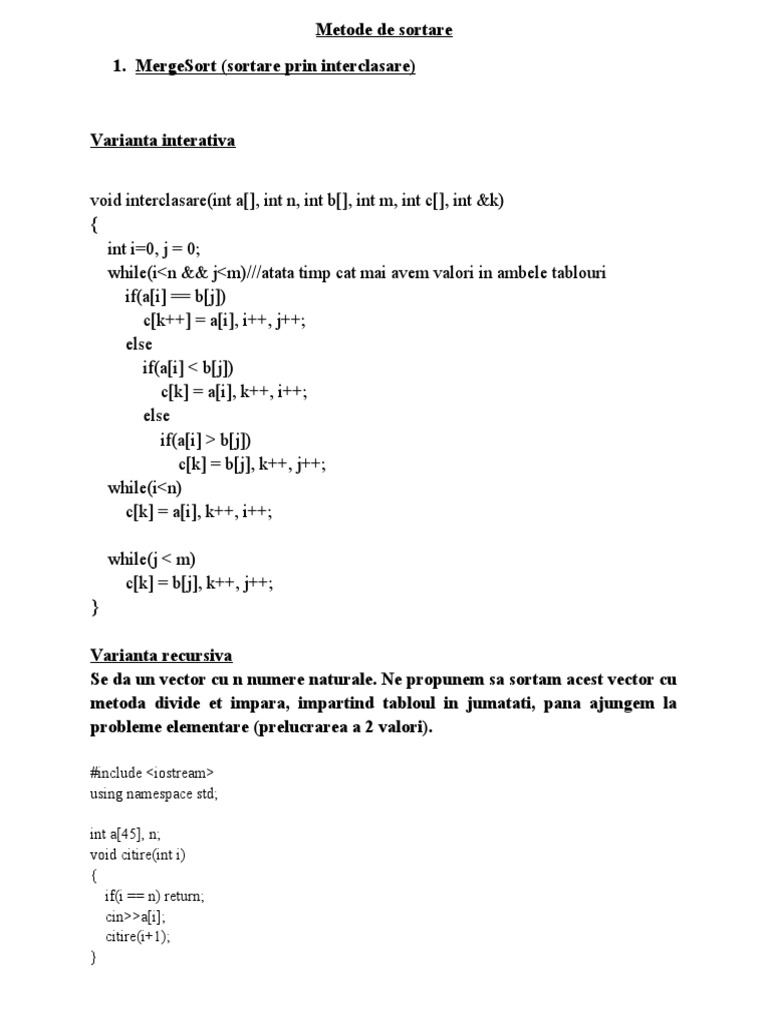 Metode de Sortare Interclasare - Mergesort | PDF