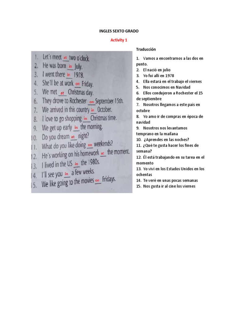 Preposiciones y Tiempos en Inglés Sexto Grado | PDF | Artes del Lenguaje y  Comunicación, image size:768x1024