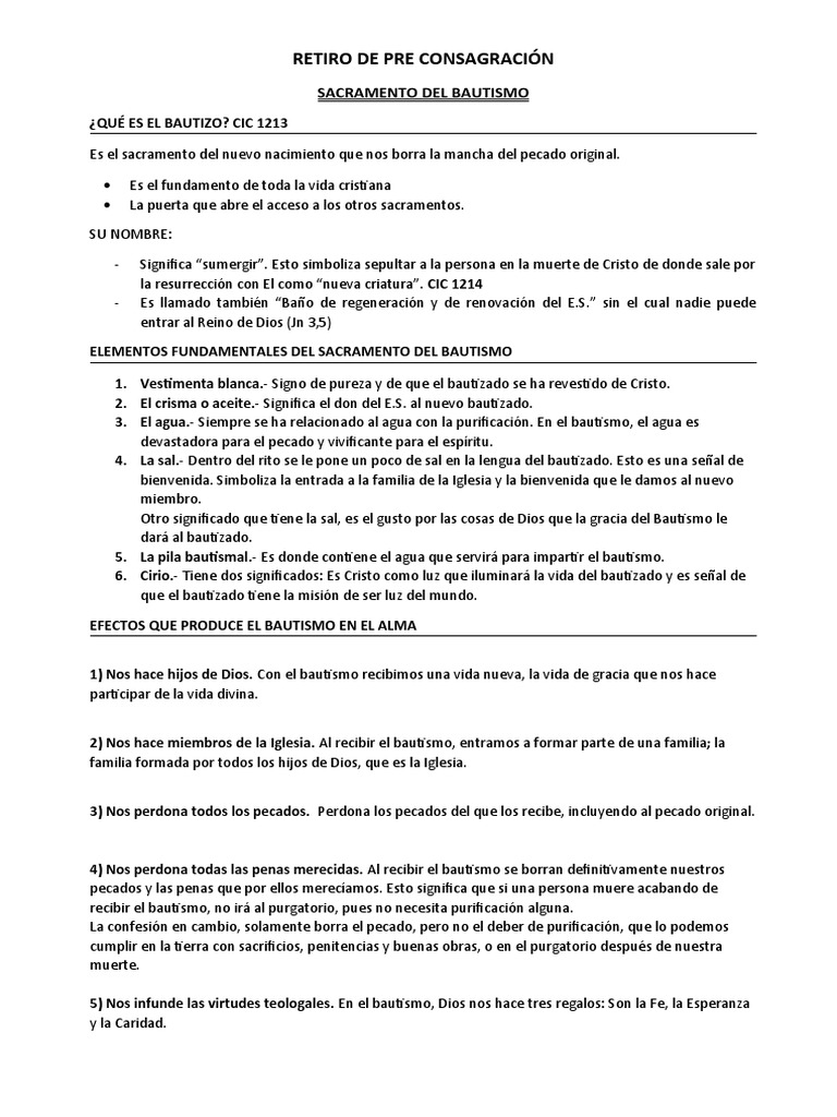 Sacramento Del Bautismo (Retiro Consagración) | PDF | Bautismo | Gracia ...