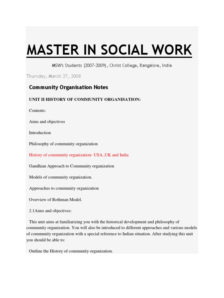 MASTER IN SOCIAL WORK Community Organizing Community