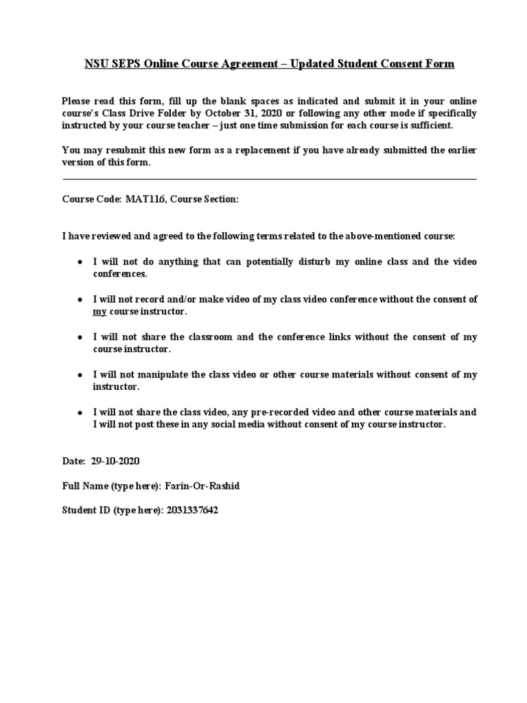 NSU SEPS Online Course Agreement - Updated Student Consent Form | PDF