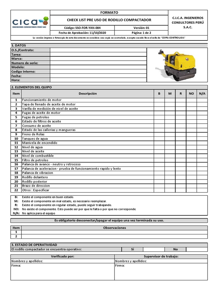 Check List Pre Uso Rodillo Compactador | PDF