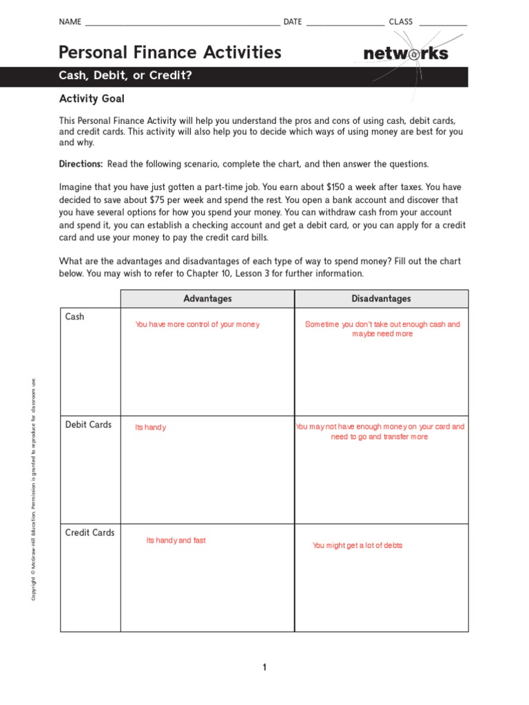Personal Finance Activities: Cash, Debit, or Credit? | PDF | Debit Card |  Cash
