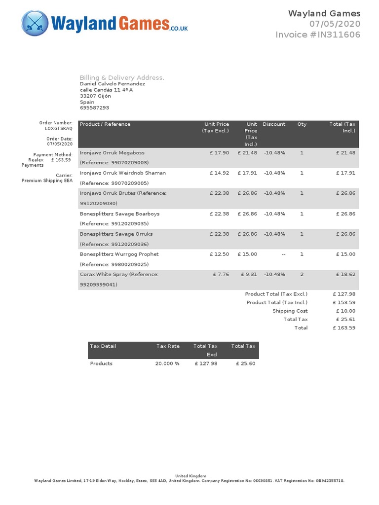 Wayland Games Invoice #IN311606 | PDF | Public Finance | Payments