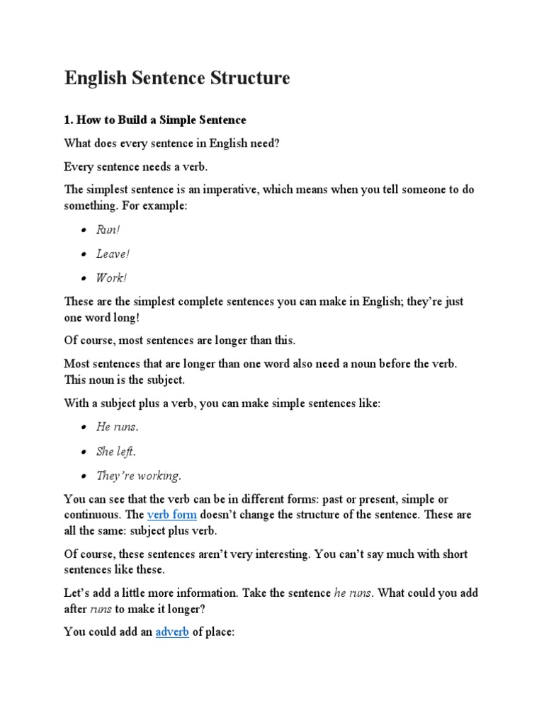 English Sentence Structure PDF Adverb Verb