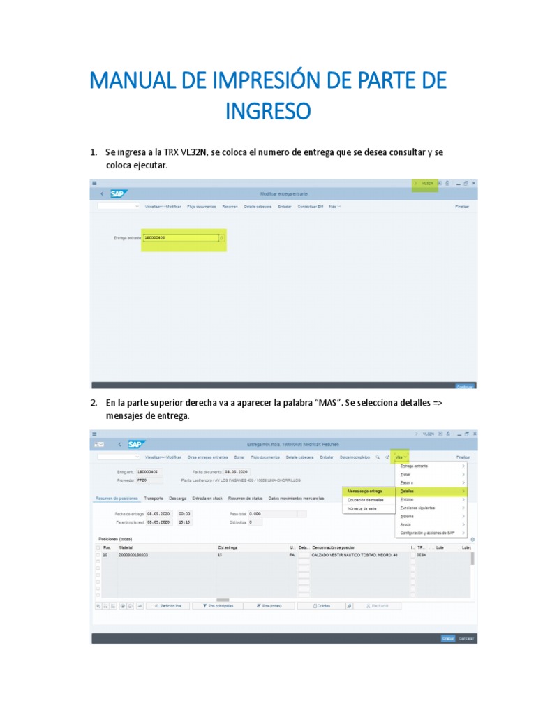 Manual de Impresión de Parte de Ingreso Sap | PDF 