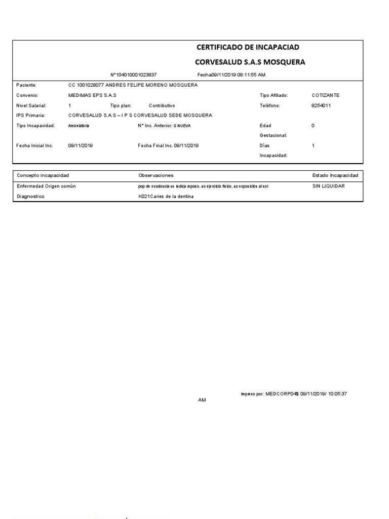 Certificado de Incapacidad Médica Medimas | PDF
