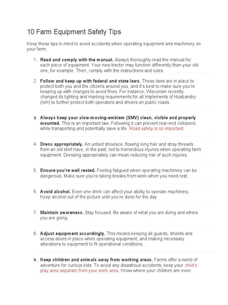 10 Farm Equipment Safety Tips PDF Road Traffic Safety Safety
