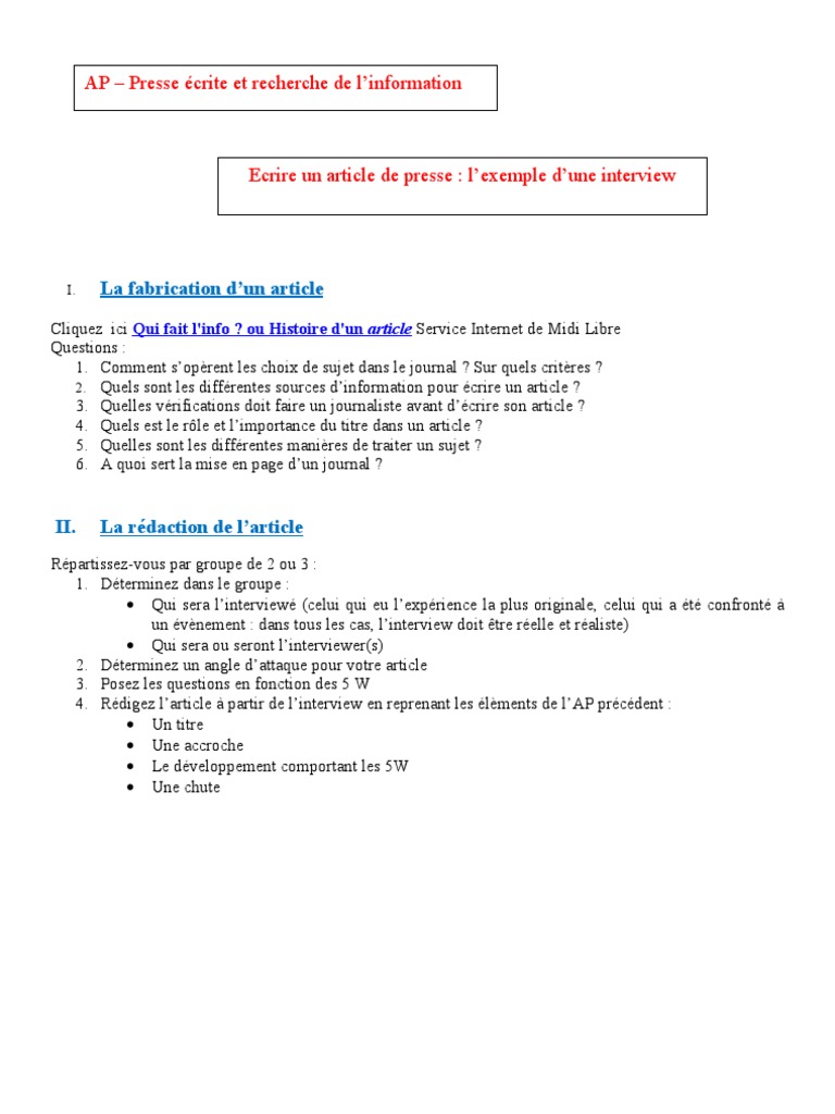 Rédiger un article à partir d'une interview | PDF