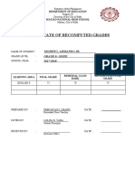 Certificate of Recomputed Grades: Moreno, Armando Jr. Grade 8 - Hope 2017-2018