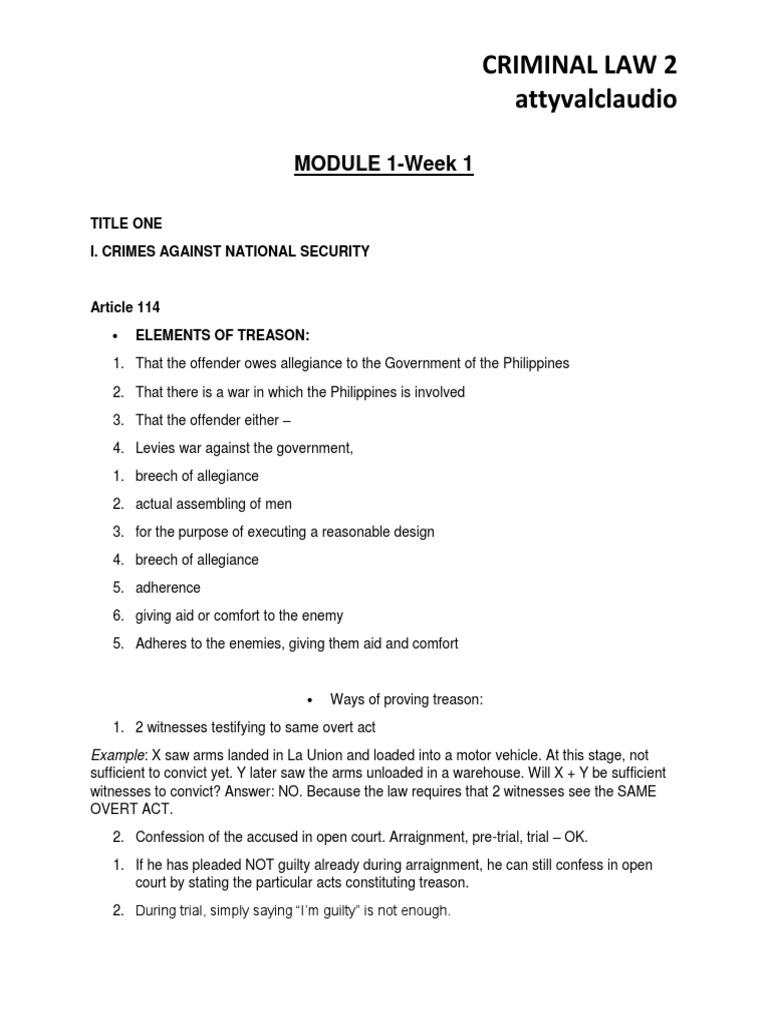 Criminal Law 2 Module 1 Week 1 Title One Crimes Against National