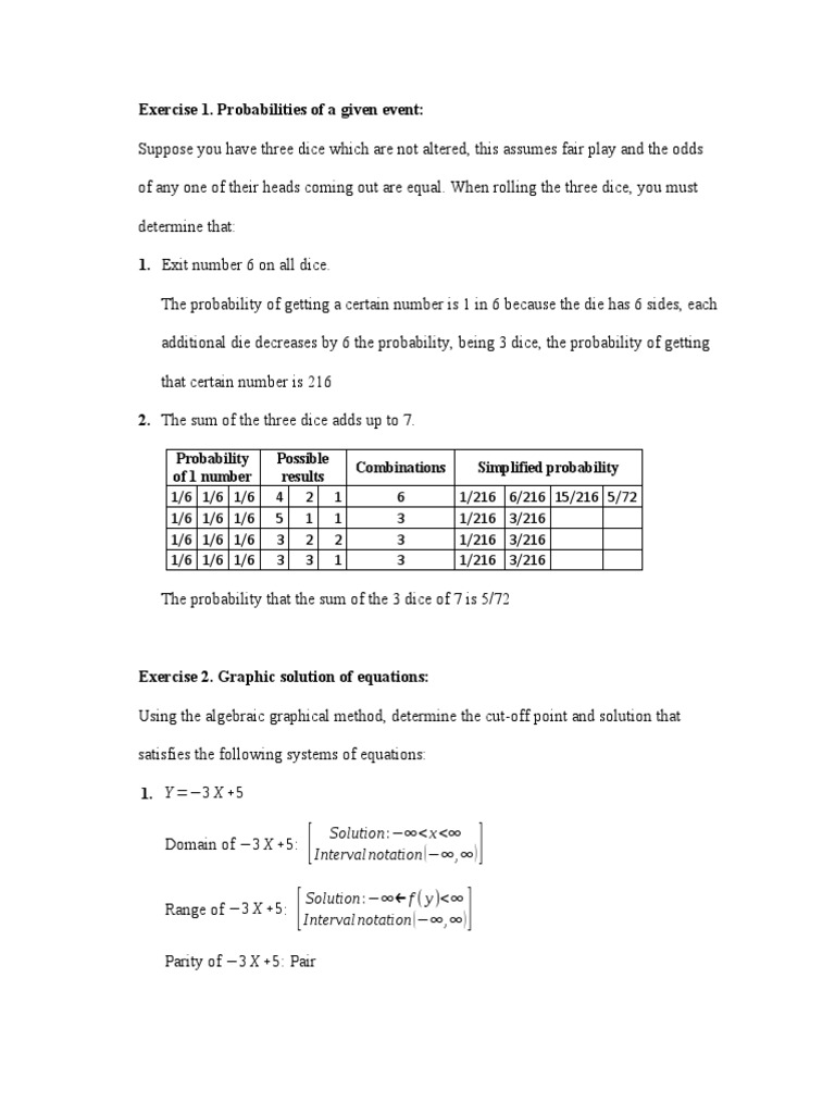 Exercise 1. Probabilities of A Given Event Probability of 1 Number