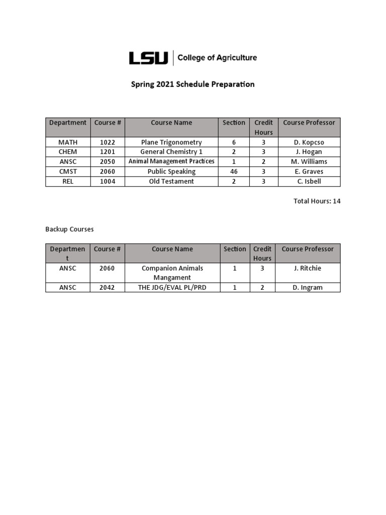 Spring 2021 Course Schedule Overview | PDF