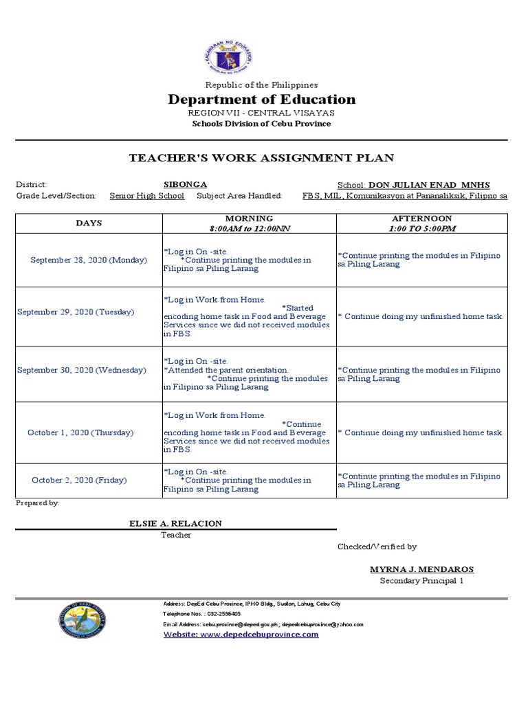 Sep - 28-Oct 2 NEW - FORMAT-Teachers-Work-Assignment-Plan rELACION ...