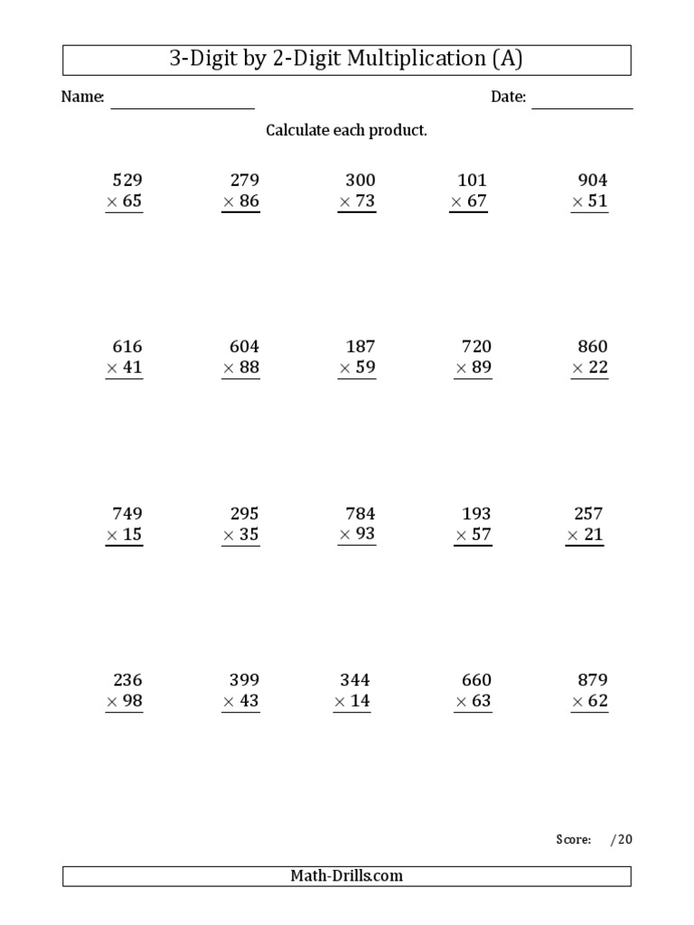 3-Digit by 2-Digit Multiplication Worksheet | PDF | Multiplication ...