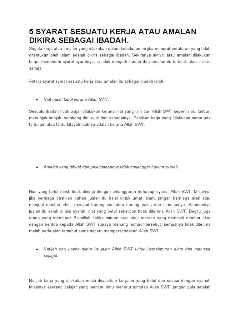 5 Syarat Sesuatu Kerja Atau Amalan Dikira Sebagai Ibadah Pdf
