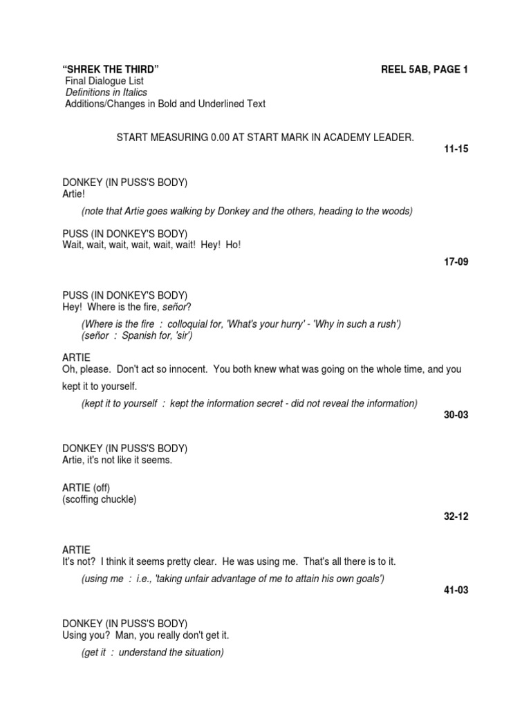 Shrek the Third Final Dialogue List | PDF