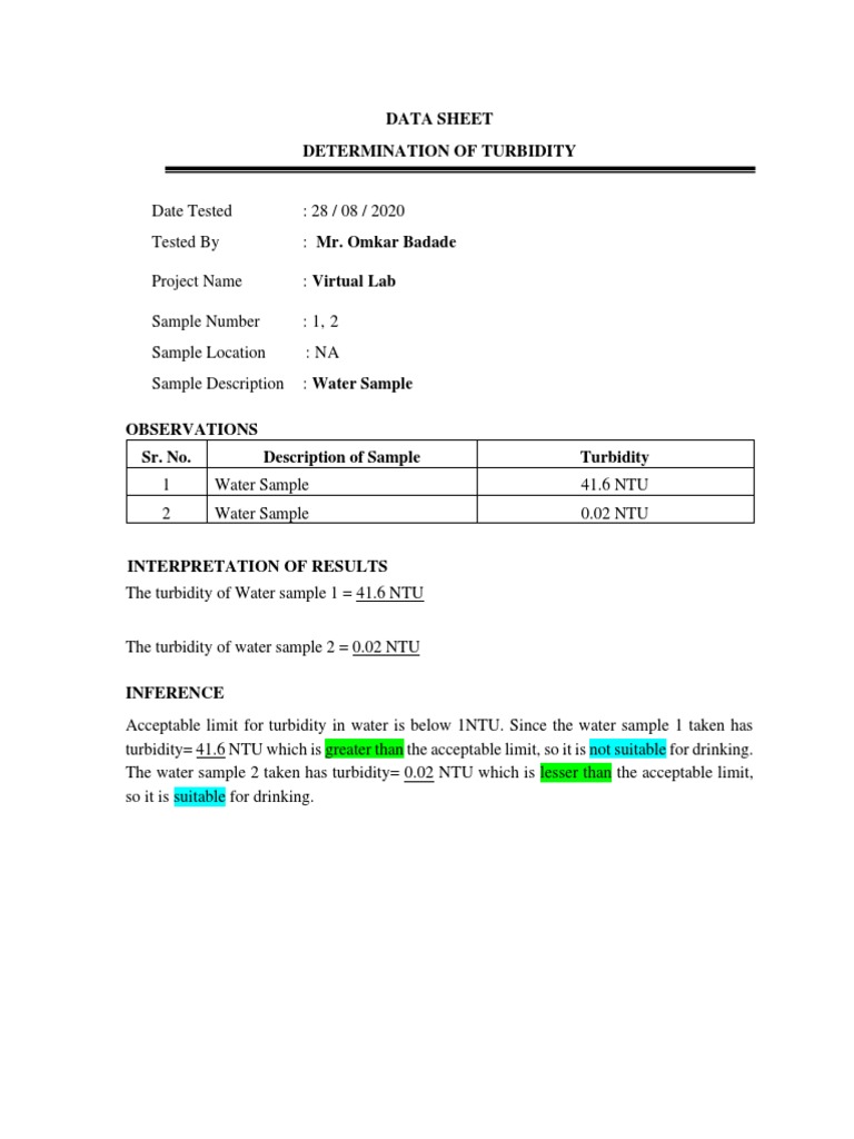 230 - Turbidity Test and Alum Jar Test PDF | PDF