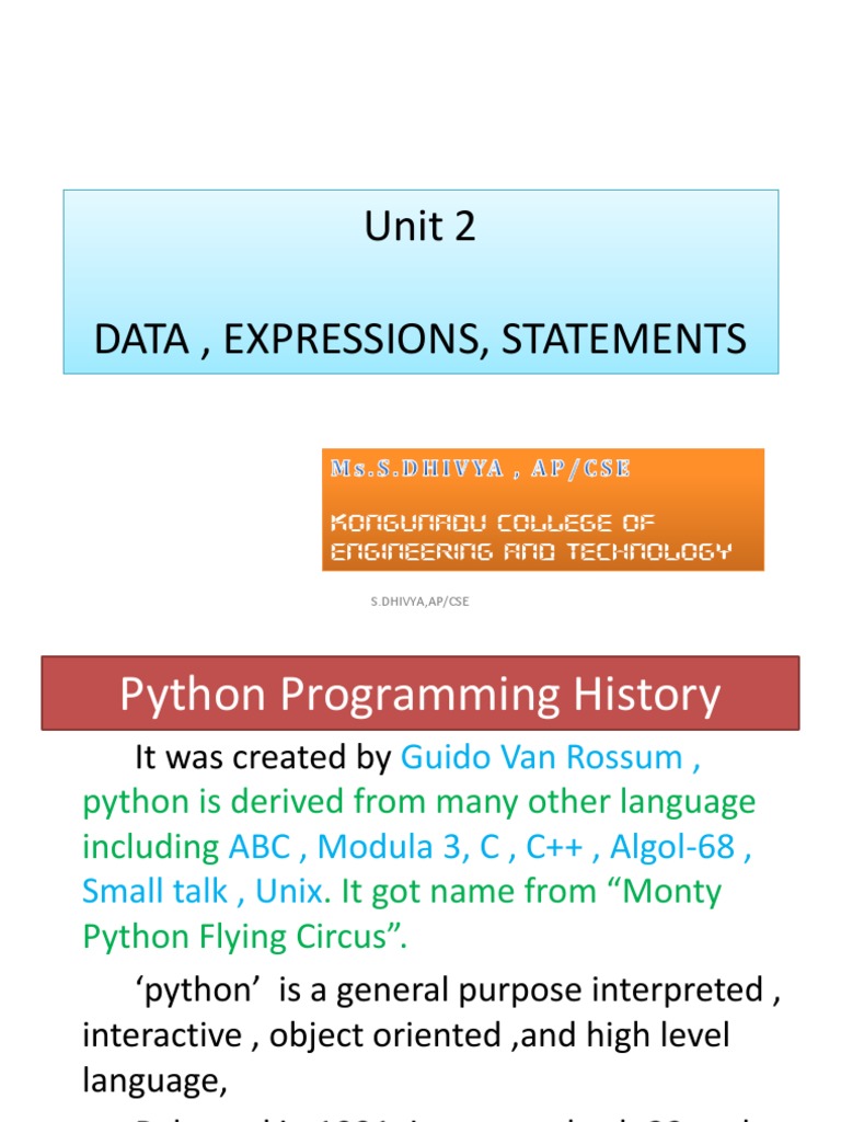 Unit 2 Unit 2 Data, Expressions, Statements | PDF | Python (Programming ...