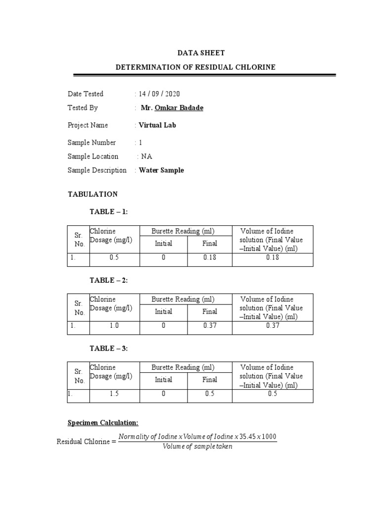 Residual Chlorine Analysis Report | PDF | Titration | Chemistry