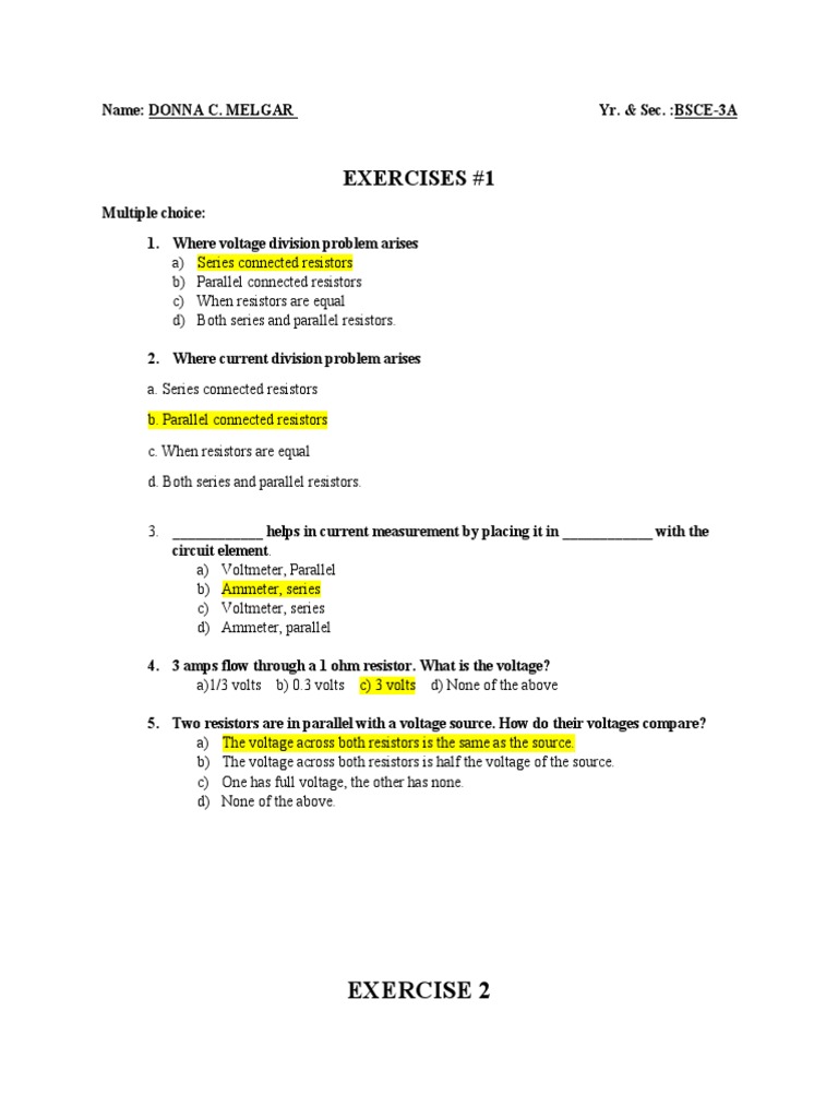 Electrical Circuit Exercises and Quiz | PDF | Series And Parallel ...