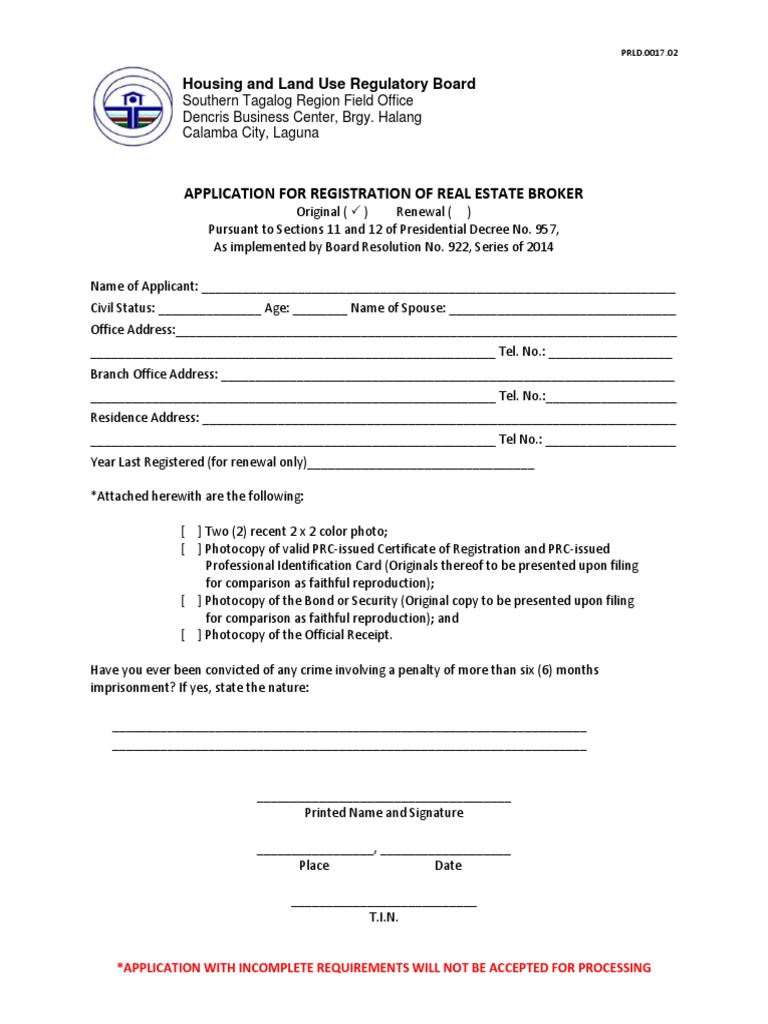 Application For Registration of Real Estate Broker PDF | PDF | Document ...