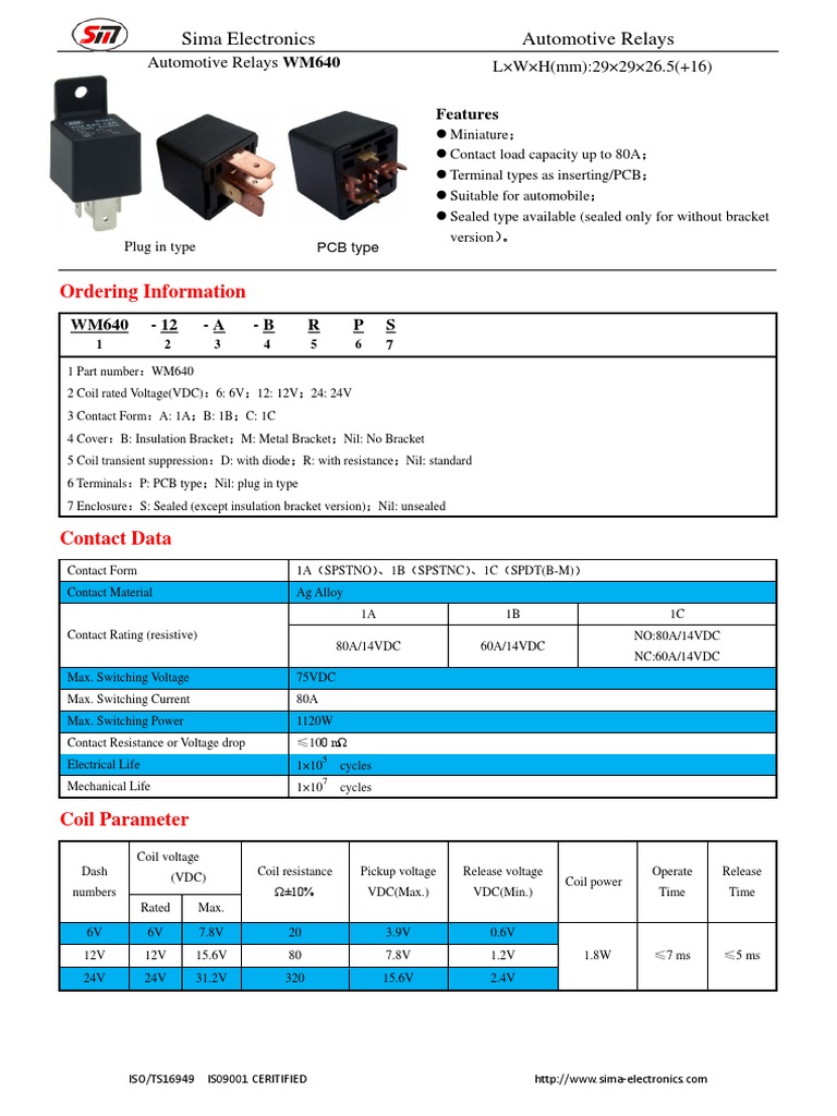 Sima Automotive Relay Specifications | PDF | Relay | Switch