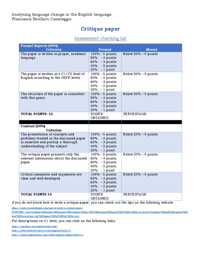 Critique Paper: Assessment Checking List | PDF | Cognition | Cognitive ...