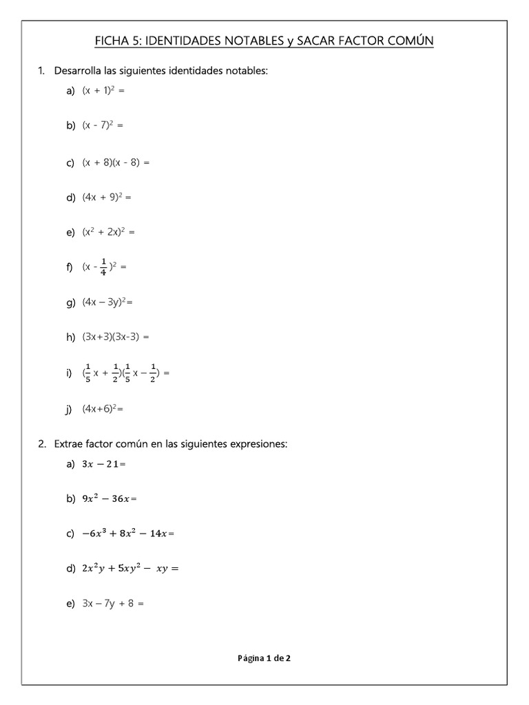 Ejercicios de Factor Común 1 y 2 ESO | PDF