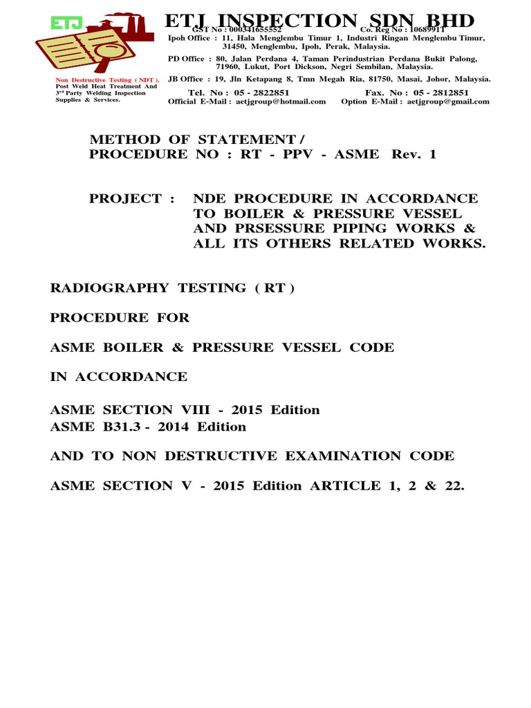 Radiographic Testing Procedure ASME | PDF | Nondestructive Testing ...